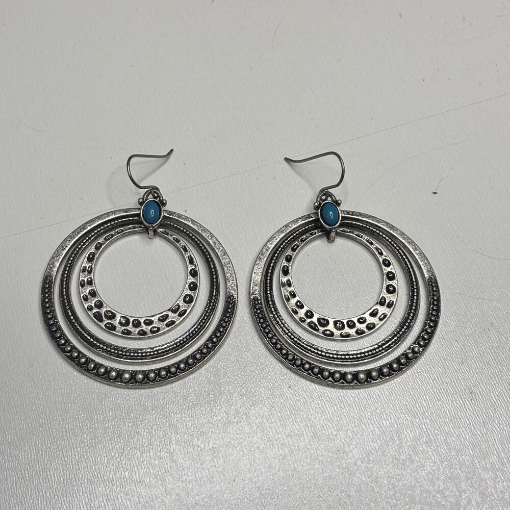 Premier Designs Large Silver Tone Multi Hammered Circle Dangle Earring Turquoise